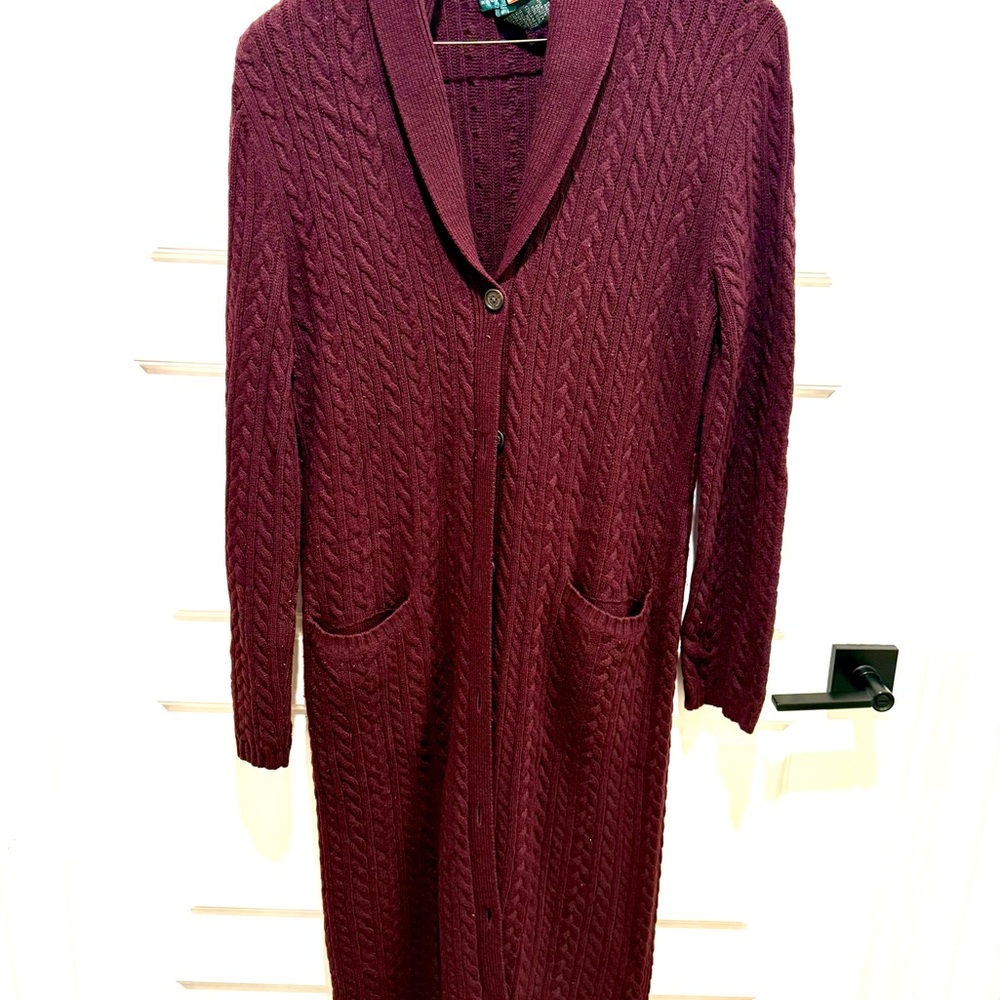 Ralph Lauren Burgundy Cable Knit Long Cardigan